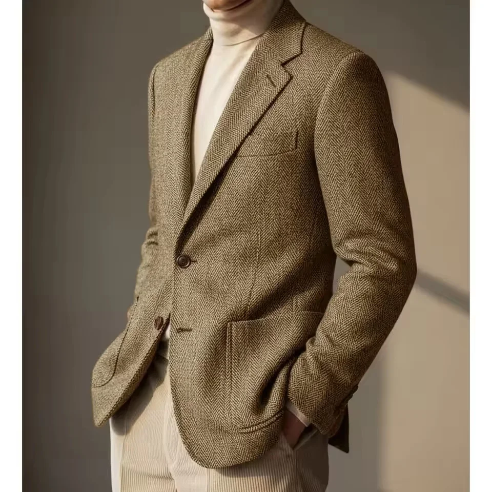 

Herringbone Men's Suit Blazer Single Breasted Lapel Slim Fit Jacket Office Business Work Formal Male Coat