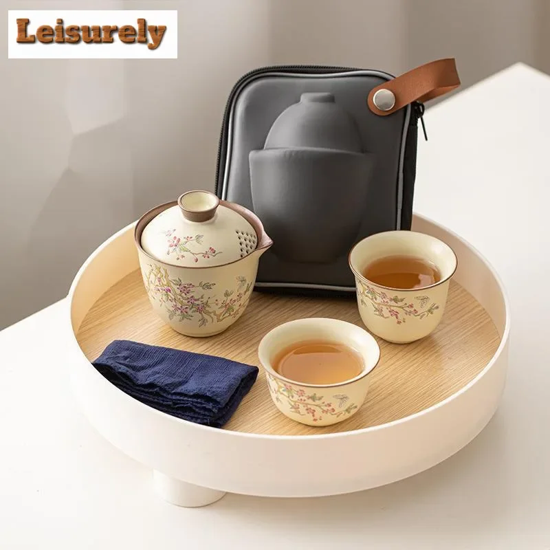 

Фарфоровый чайный сервиз Boutique Wisteria Ru Kiln, элегантный 1 горшок, 3 чашки, домашнее приготовление чая, портативный органайзер для улицы, украшения