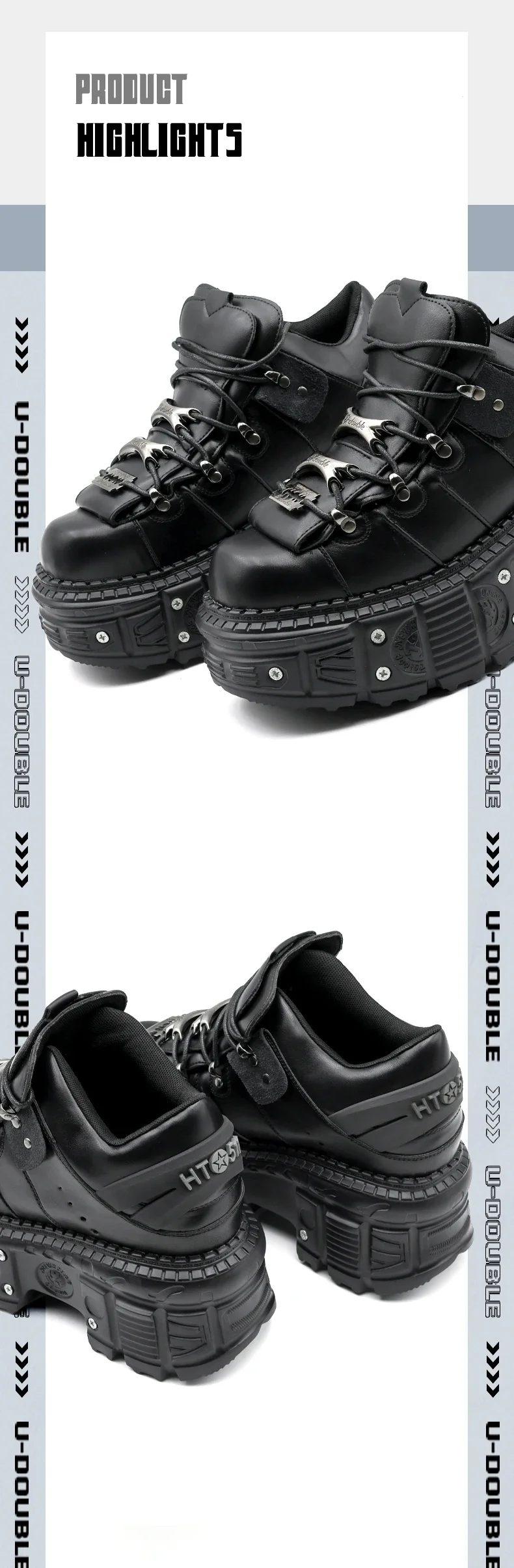 2026 Neue Punk-Style Damenschuhe Schnürschuhe mit 6 cm Absatzhöhe Plateauschuhe Damen Gothic Knöchelstiefel Rock-Stiefel mit Metallverzierung Damen-Sneaker – Detail 2