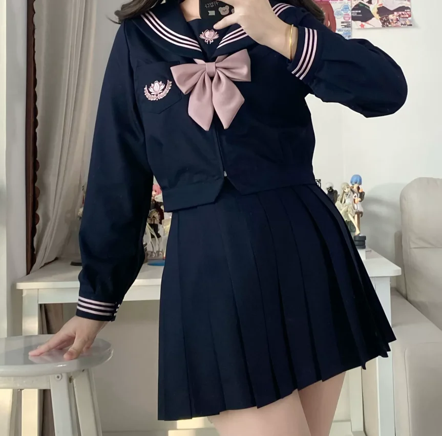 Sweet Japanese Sailor Sets Cute Jk Long Sleeve Navy Collar Shirt Fashion High Waist A-line Age-reducing College Pleated Skirt