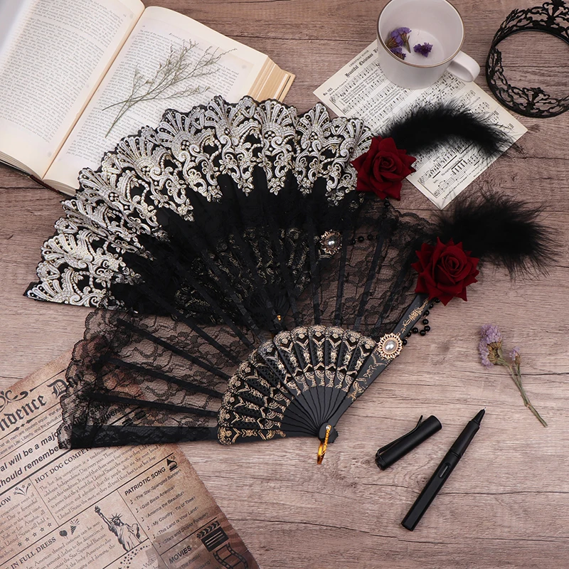 Lolita Fan Feather Rose Folding Fan European Style Retro Gold Plated Lace Hand Fan Female Tea Party Wedding Fans Cosplay Props