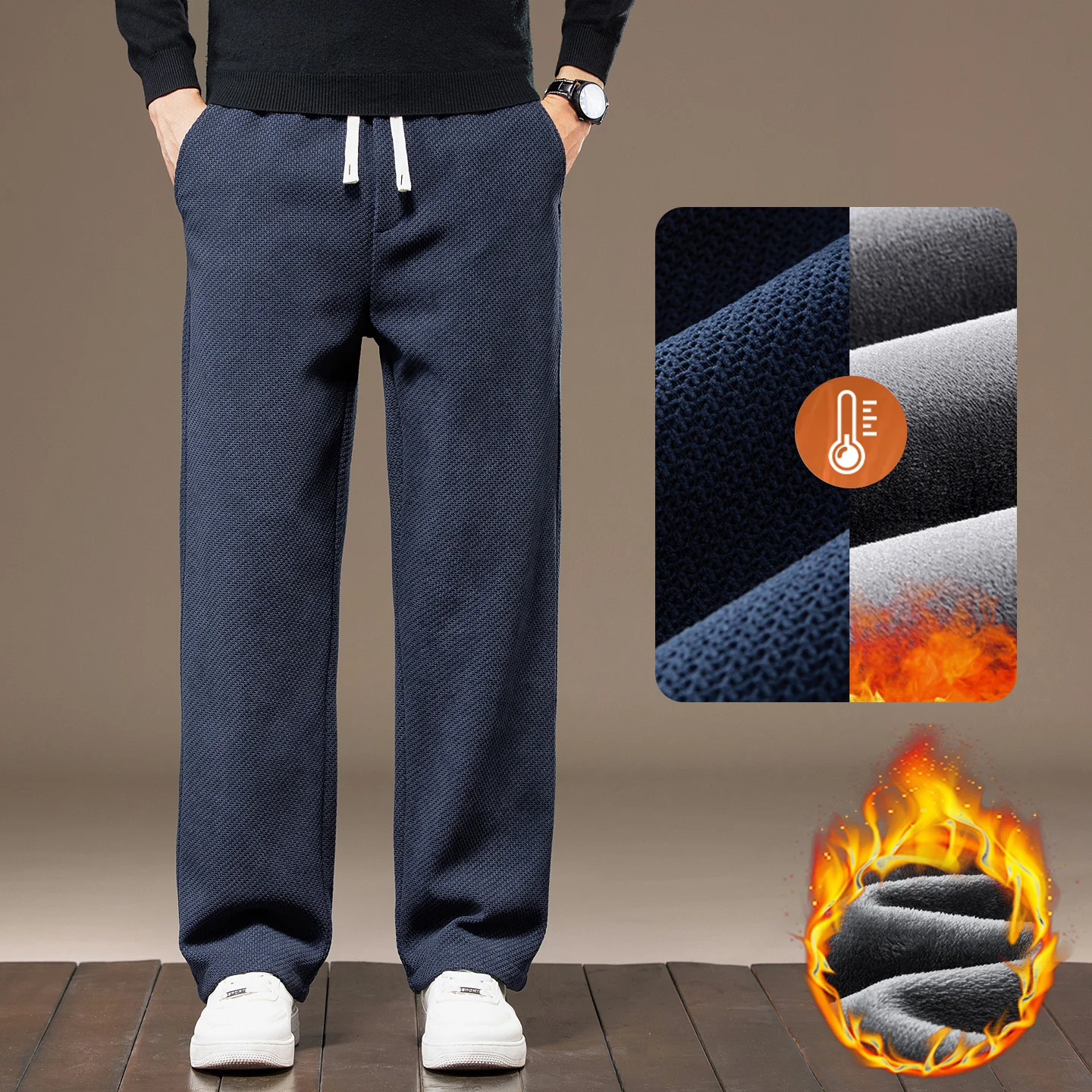 High Quality Winter Fleece Warm New Knitted Pants Men Drawstring Elastic Waist Outdoors Jogging Flocking Straight Trousers Male