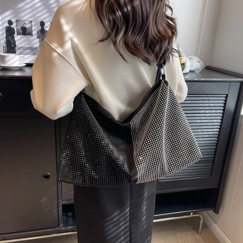 Sequins PU Top-Handle Bags Zipper Women\'s Bags on Sale 2024 High Quality Solid Shoulder Bags Sewing Thread Zipper Bolsa