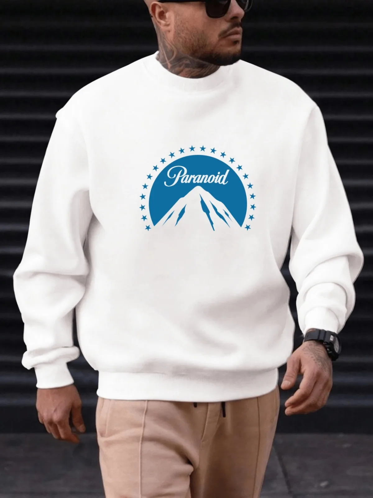 

Men's Casual Sweatshirt with Blue Mountain and Stars Graphic Long Sleeve Pullover Top Stylish and Comfortable Fit Streetwear