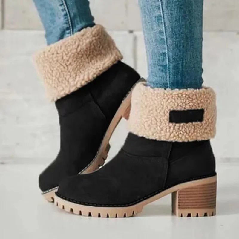 

2025 Winter Fur Warm Snow Boots Shoes For Women Chunky Heels Ankle Boots Flock Suede Short Booties