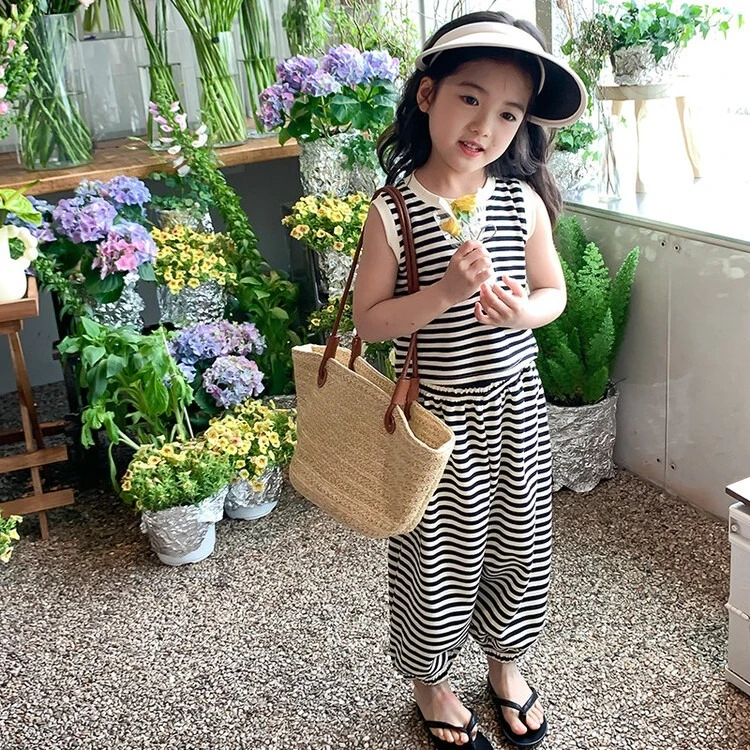 Girls' Striped Tank Top Set 2026 Summer Baby Girl Sleeveless Top with Lantern Pants Two-Piece Set