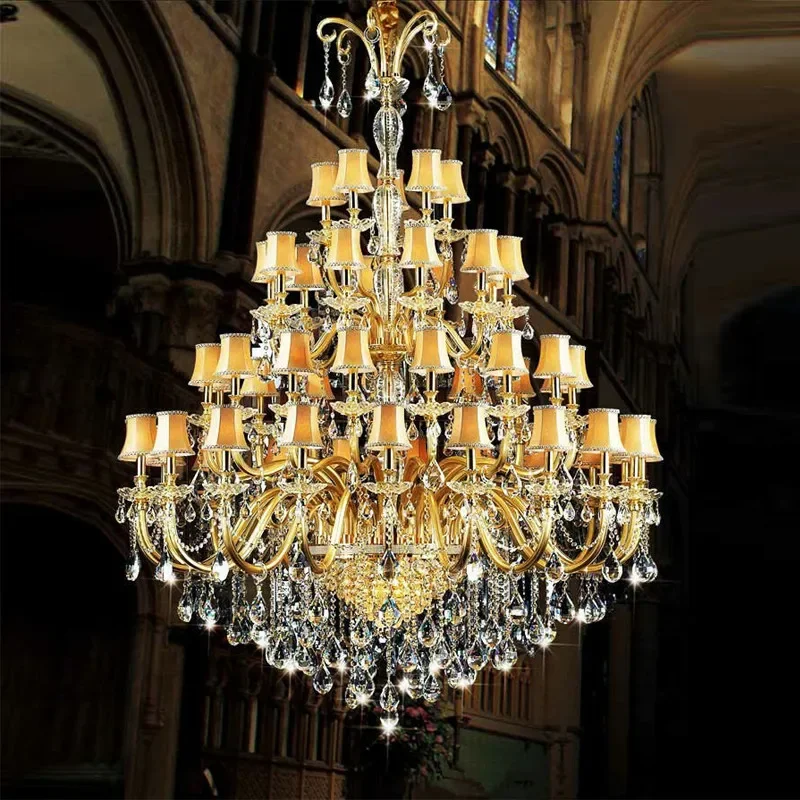 Luxury Villa Large Crystal Chandeliers European Living Room Hanging Light Hotel Gold Chain Pendant Lamps Modern LED Lighting