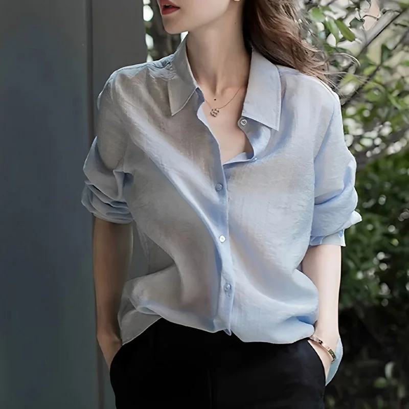 Primavera outono elegante blusa feminina fina 2025 novo azul manga longa único breasted coreano casual solto senhora do escritório camisa feminina