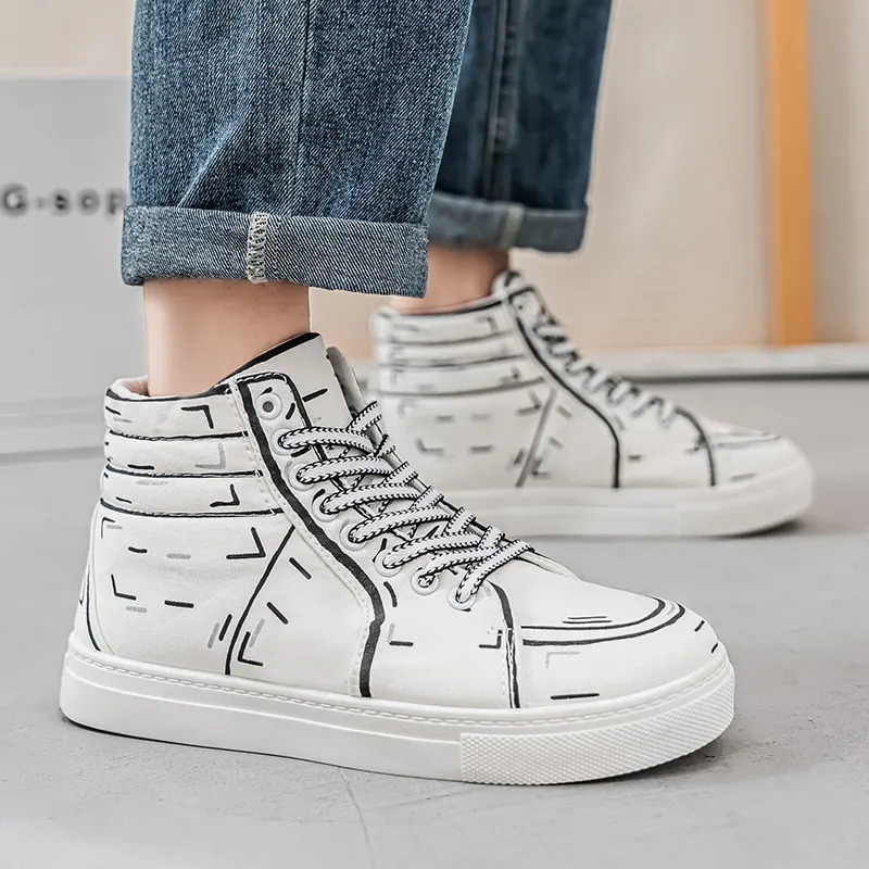 Fashion Print High-top Shoes Men White Comfortable Canvas Sneakers Men Lightweight Men's Skateboard Shoes Big Size 48 zapatillas