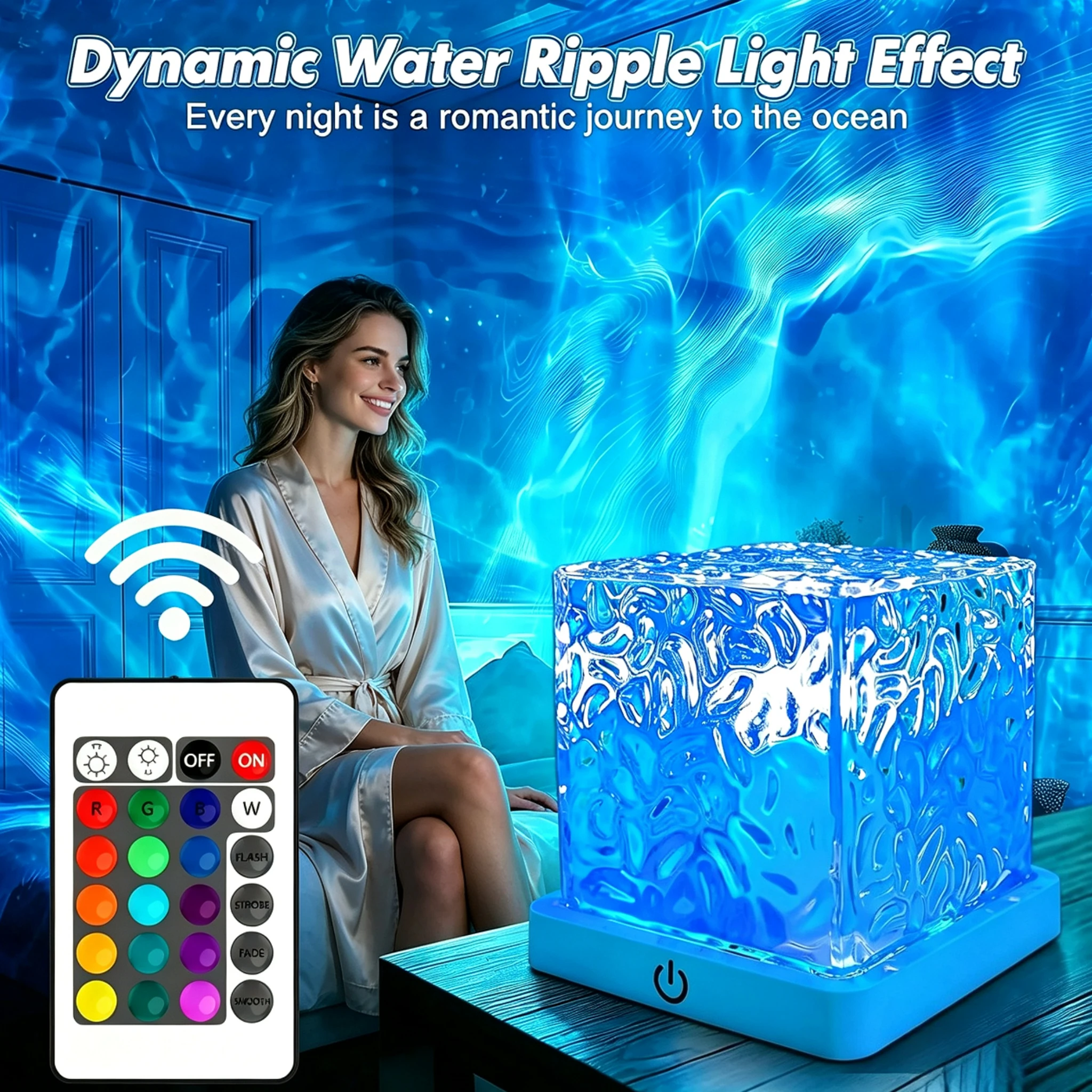 16 Colors Water Ripple Projector Dynamic Rotating LED Night Light with Remote Dimming Family Bedroom Romantic Ocean Decor Lamp