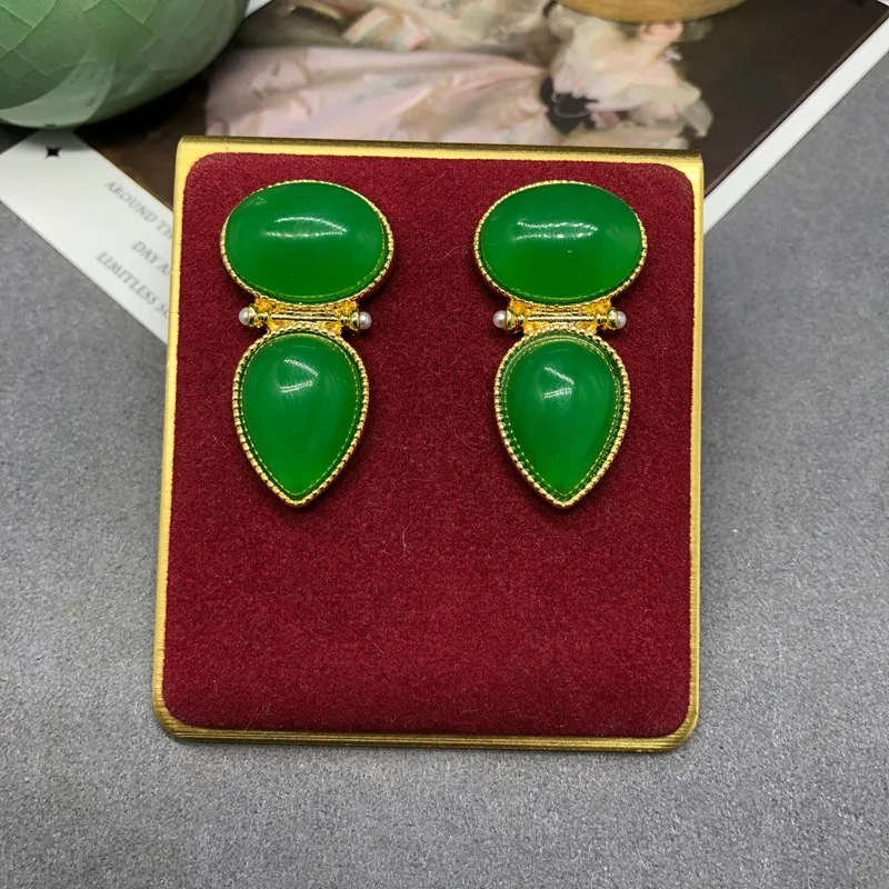 Elegant Natural Green Agate Stud Earring Sterling 925 Silver 18K Yellow Gold Fine Jewelry for Women Lady Birthday Party Gift