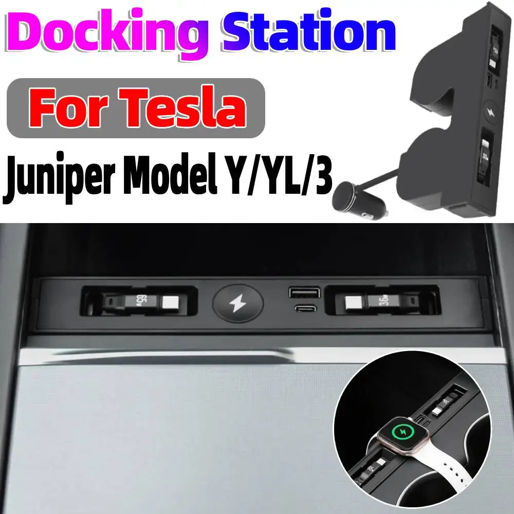

For Tesla Juniper Model Y /YL/ 3 Electric Vehicle Center Console Retractable Docking Station with Wireless Watch Fast Charger