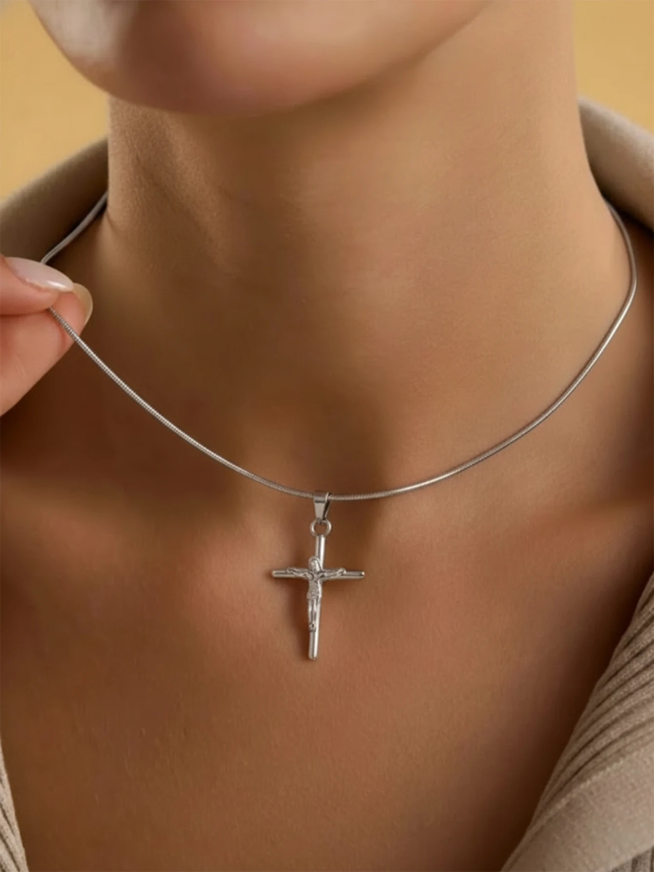 Single Golden Crucifix Necklace,Thin Smooth Snake Chain Design,Dainty Faith Accessory for Ladies,Casual Daily&Baptism Presents