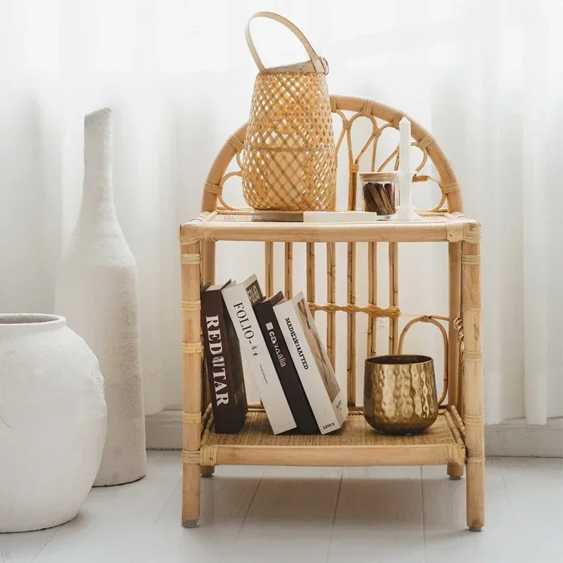 # Basit Rattan Dokuma Sehpa Yatak Odası Kanepe Yan Sehpa Doğal Endonezya Rattan Komidin Esnek Mobil Oda Masaları