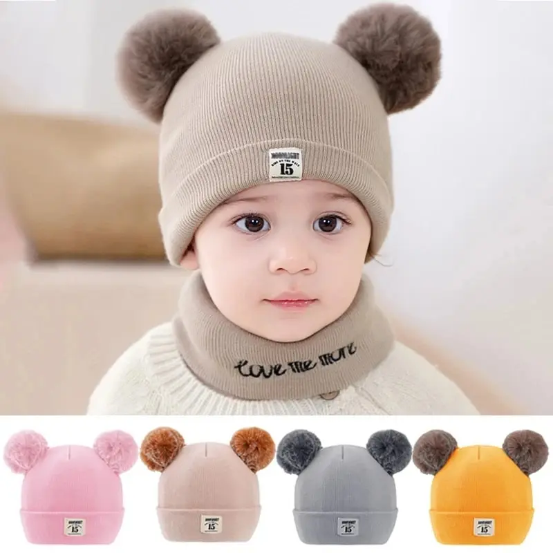 Winter Children Warm Baby Knitted Hats with Pom Pom Kids Knit Beanie Hats Solid Color Children\'s Hat for Boys Girls Accessories