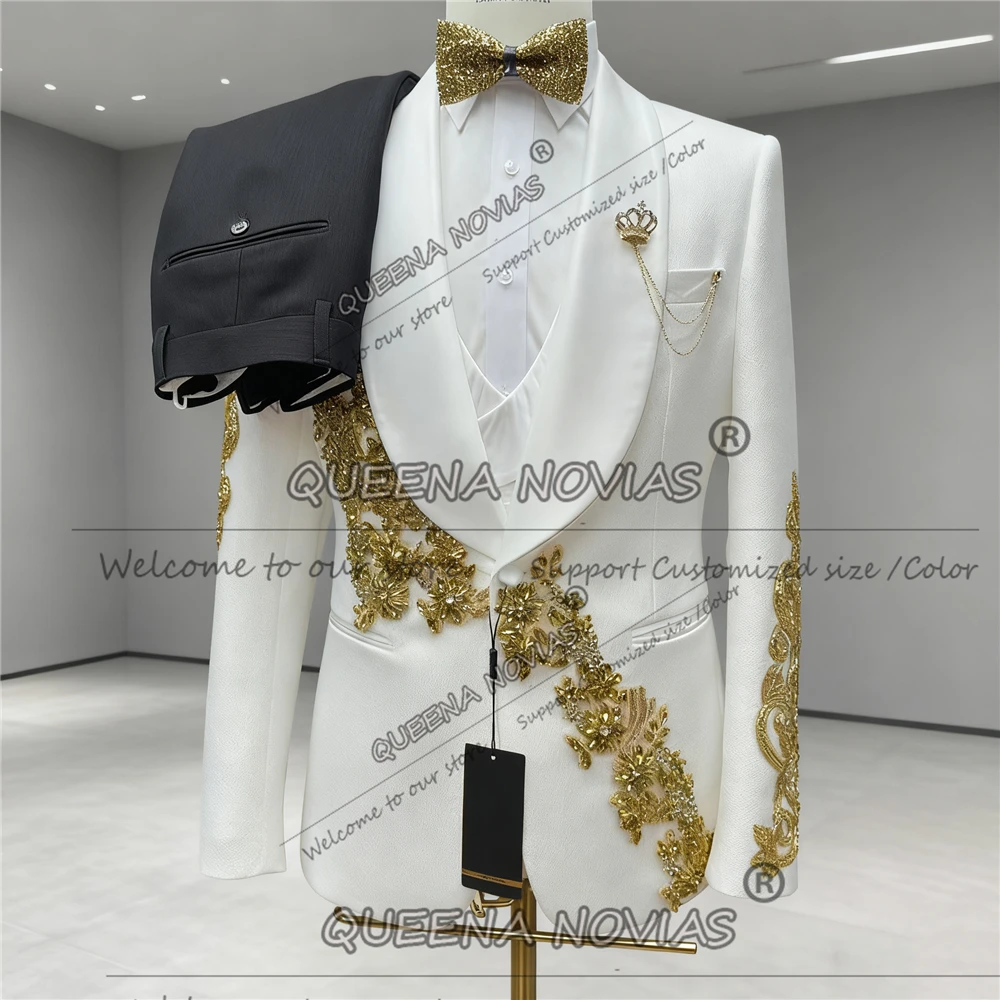 Luxo frisado pedras terno masculino 3 peças define xale lapela noivo baile de formatura blazers personalizado homem banquete casamento smoking traje homme