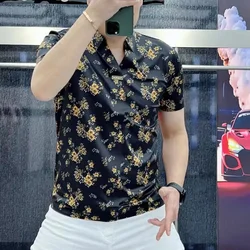 Summer Flower Polo Shirts Men Slim Fit Short Sleeve Casual T-shirts Ice Silk Breathable Business Formal Social POLO Men Clothing
