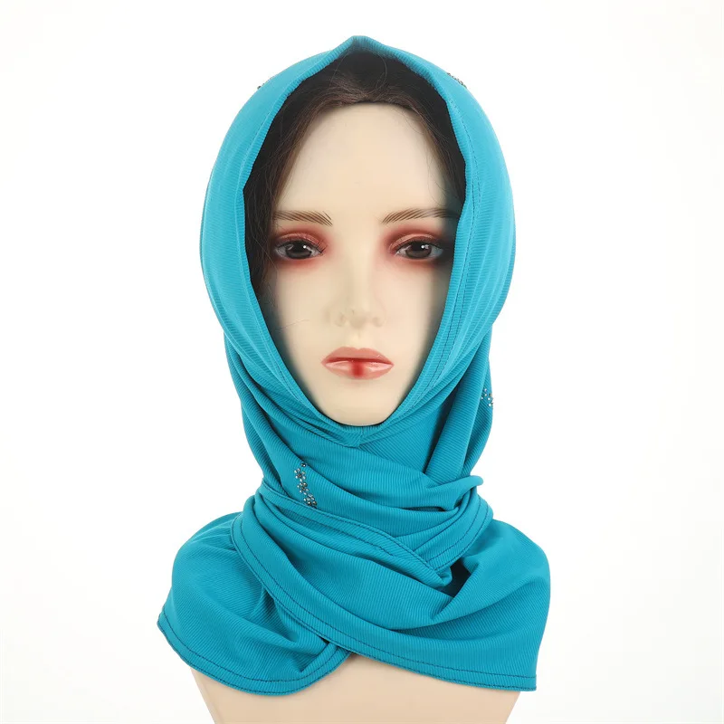 Muslim Hijab Solid Color Turban Arabian Nylon Pullover Hat Front Slit Hot Diamond Malay Ladies Headscarf Ethnic Shawl Cap