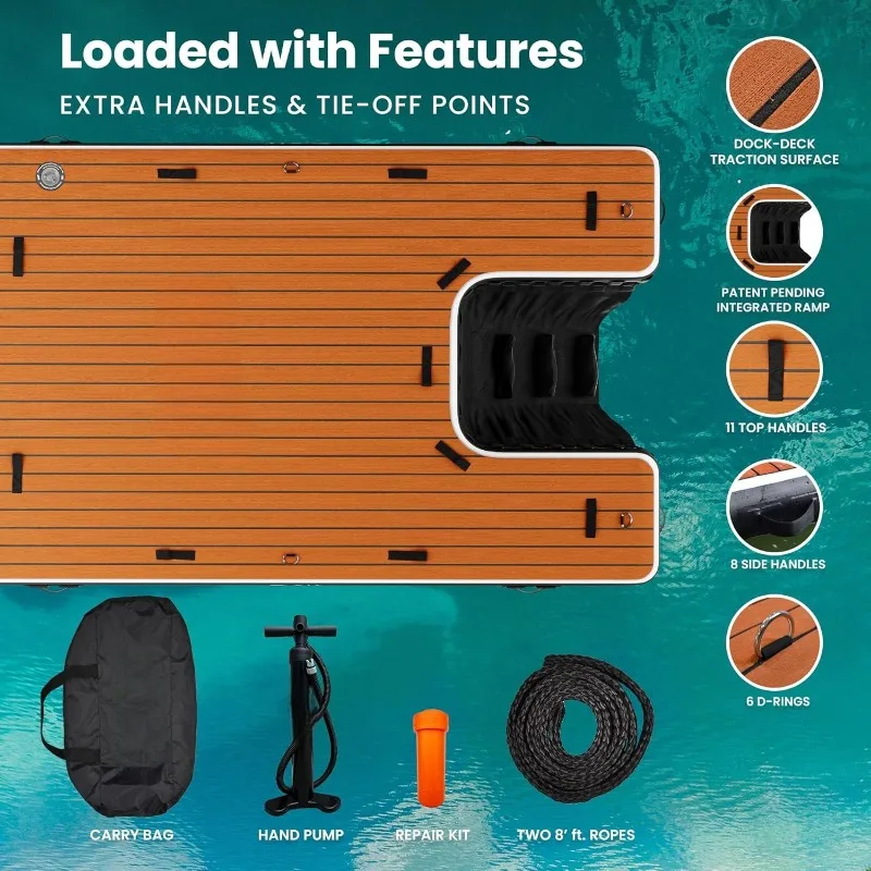 

Inflatable Floating Dock Platform Rigid Drop Stitch 8 Inch Thickness Integrated Ramp for Pet Kids Adult Extra Handles Multi Size