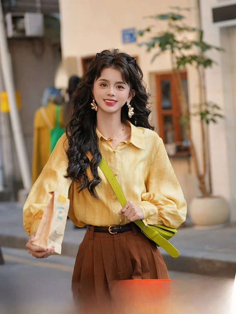 

Chend Design Casual Long Sve Women's irt Cr Maple Le Spring 2025 New Sle Loose Fit Button up Classic Collar