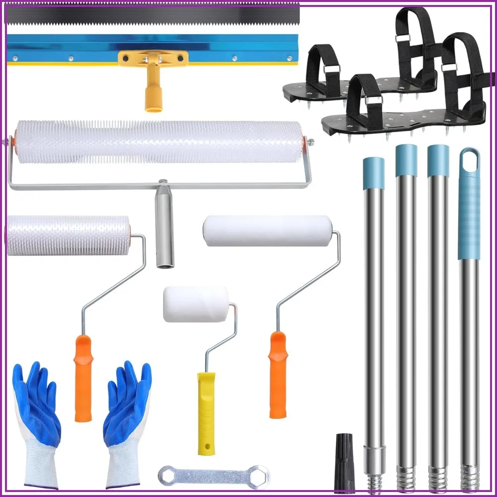 

Self Leveling Cement Epoxy Floor Tool Kit: Rake, 2 Spiked Roller, 2 Painter Roller, 16-63in Telescopic Poles, Spike Shoes, Gloves
