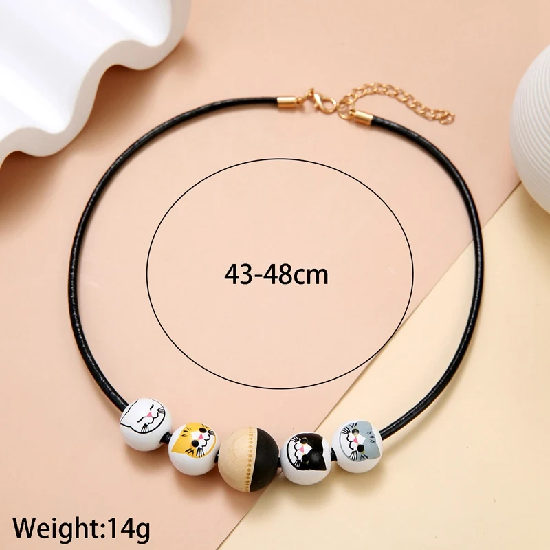 Cute Printing Cat Wood Beads Pendants Choker Necklaces for Women Vintage Handmade Beaded NecklaceJewelry