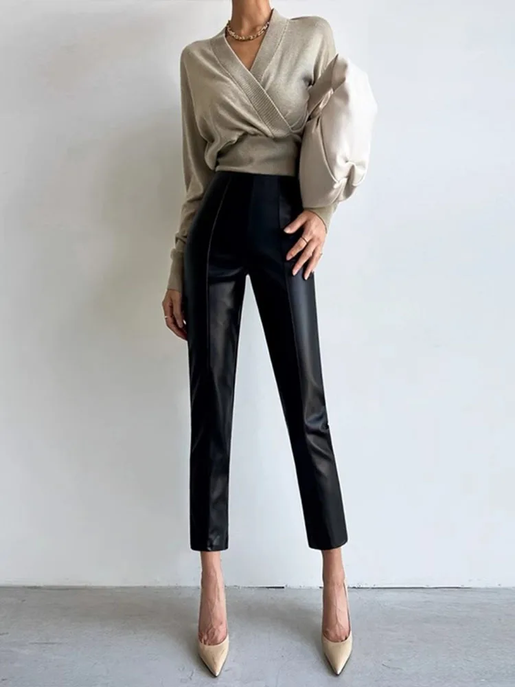 PU Autumn Winter Leather Pencil Pant Women Bodycon Fashion Office High Waist Ladies Trousers Casual Woman Pants