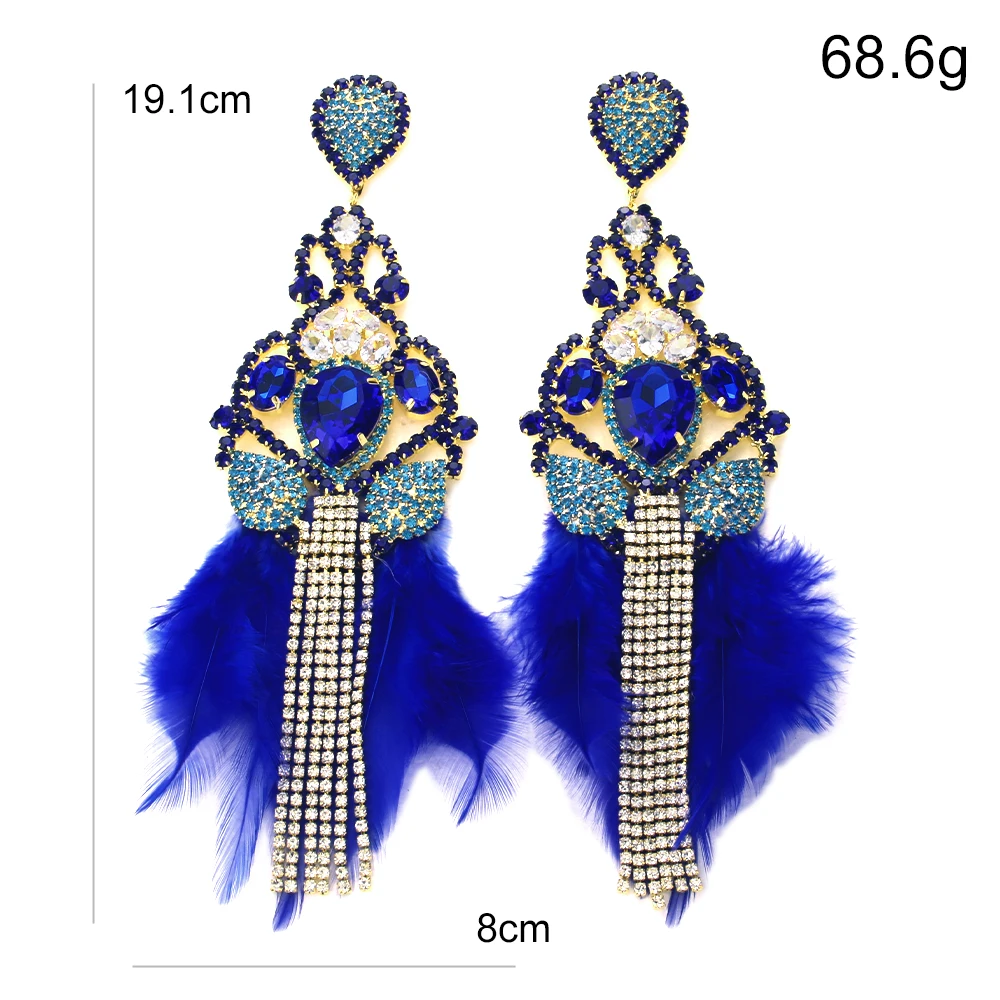 2024 Boho Blue Feather Tassel Earrings Dangle Woman Accessories Nightclub Sparkly Exaggerate Rhinestone Earrings Prom Jewelry