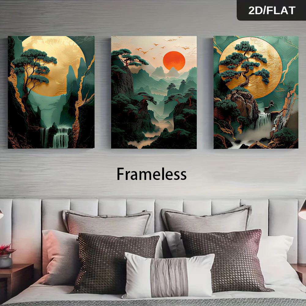 One set of frameless, three-panel landscape paintings in a modern Chinese style, featuring ink wash and Zen aesthetics, in 2D.