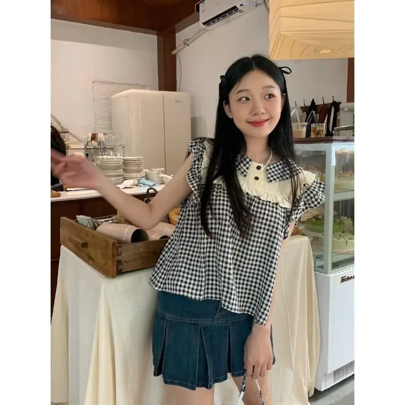 Flying Sleeve Plaid Blouses for Women Sweet Korean Style Tender Chic Summer Simple Fashion College All-match Vintage Temperament