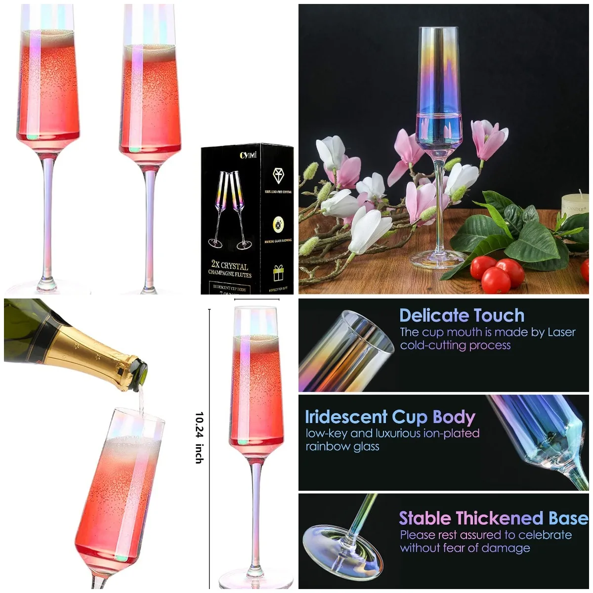 

Iridescent Crystal Champagne Flutes Set of 2, 7 OZ Hand Blown Pearl Glasses for Elegant Gifts