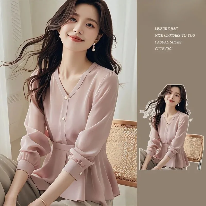 Ele V-Ne Long Sve Women's irt Unique Waist-Cinching Design Spring Autumn Sli Top Light Luxury Pink Color