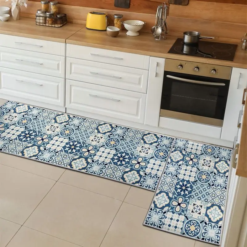 VIKAMA Blue Mosaic Tile Kitchen Mat Floral Floor Rug Non Slip Washable Anti Fatigue Soft Cozy Mat For Standing Home Decor