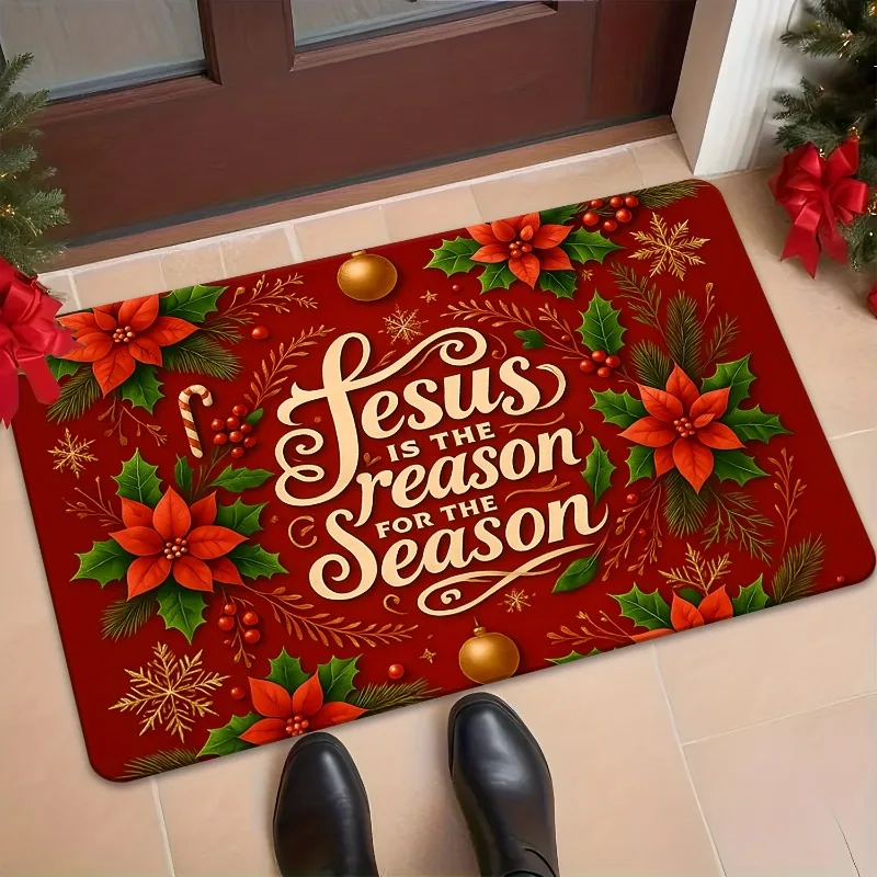 Jesus Is The Reason for The Season Christmas Flannel Doormat Poinsettia Holly Snowflake Bauble Anti‑Slip Home Entrance Decor Rug