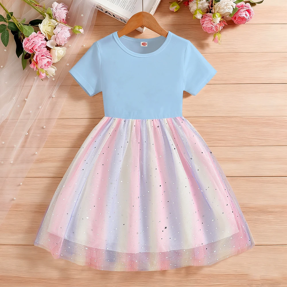 Children Summer New Short Sleeves Princess Dress Kids Clothes For Cute Dress Baby Girls Birthday Party Rainbow Clothing 2-8T