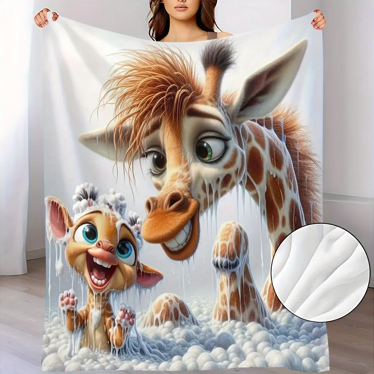 Funny Cartoon Giraffe Parent And Baby Bubble Bath Pattern Flannel Blanket Lovely Vivid Animal Design Warm Cozy Printed