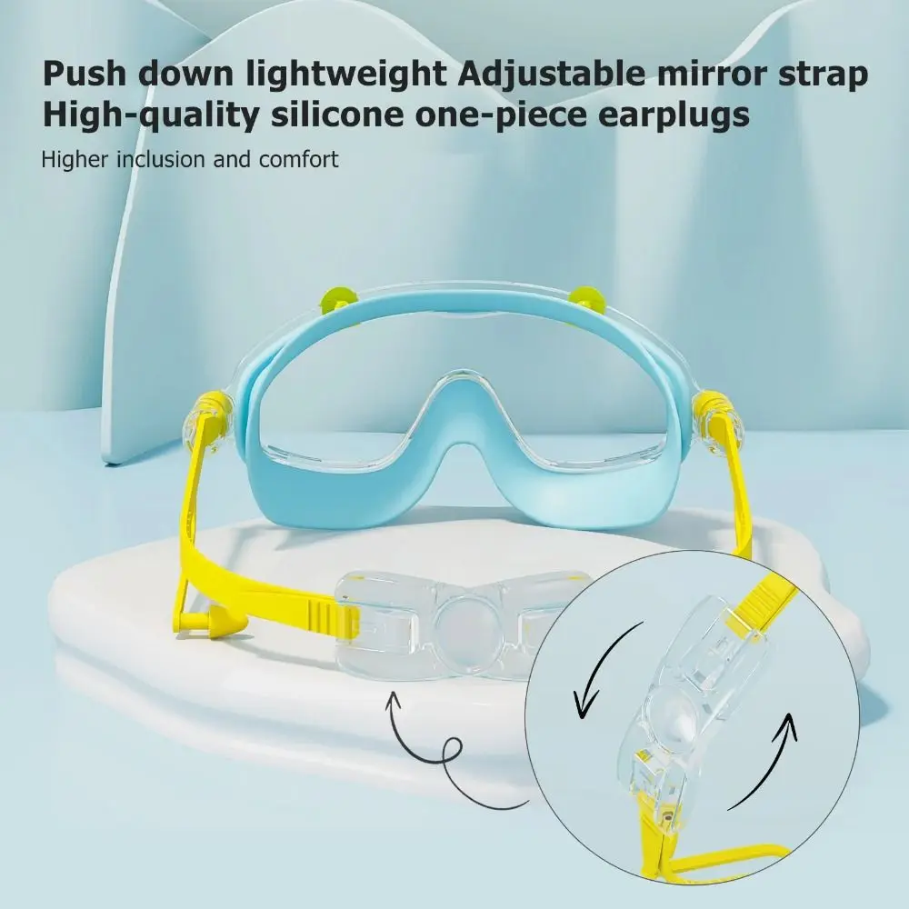 Wodoodporne okulary pływackie z dużą ramką, przeciwmgielne, z zatyczkami do uszu, regulowane, z miękkiego silikonu, dla dzieci.