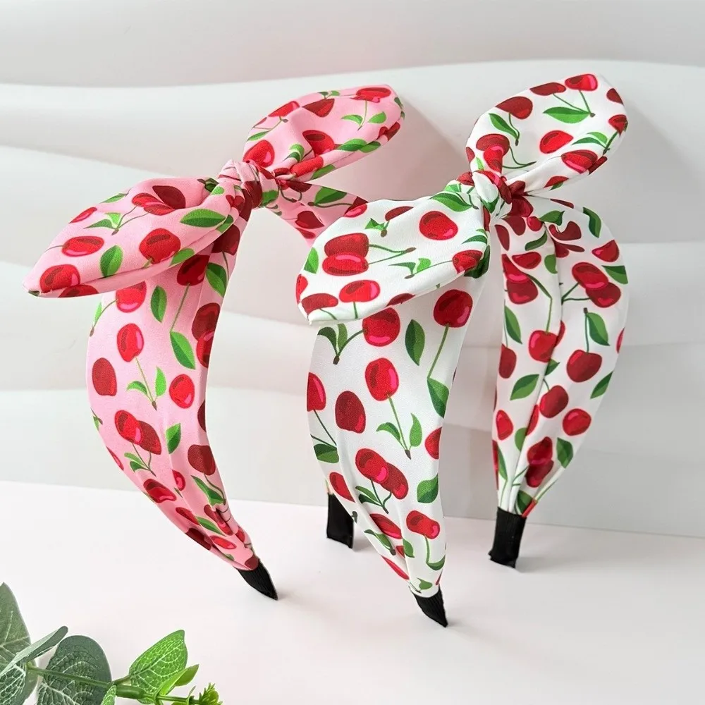 Elegant Multicolor Cherry Printed Headband Bow Knotted Wide Edge Hair Hoop Polyester Sweet Hair Styling Tool Gift Giving