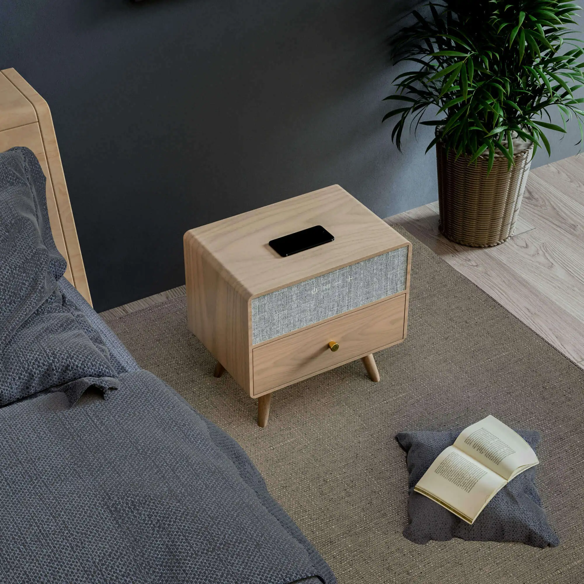 Custom made design bedroom nightstand side table furniture small smart speaker wireless charging bedside coffee table oak wood