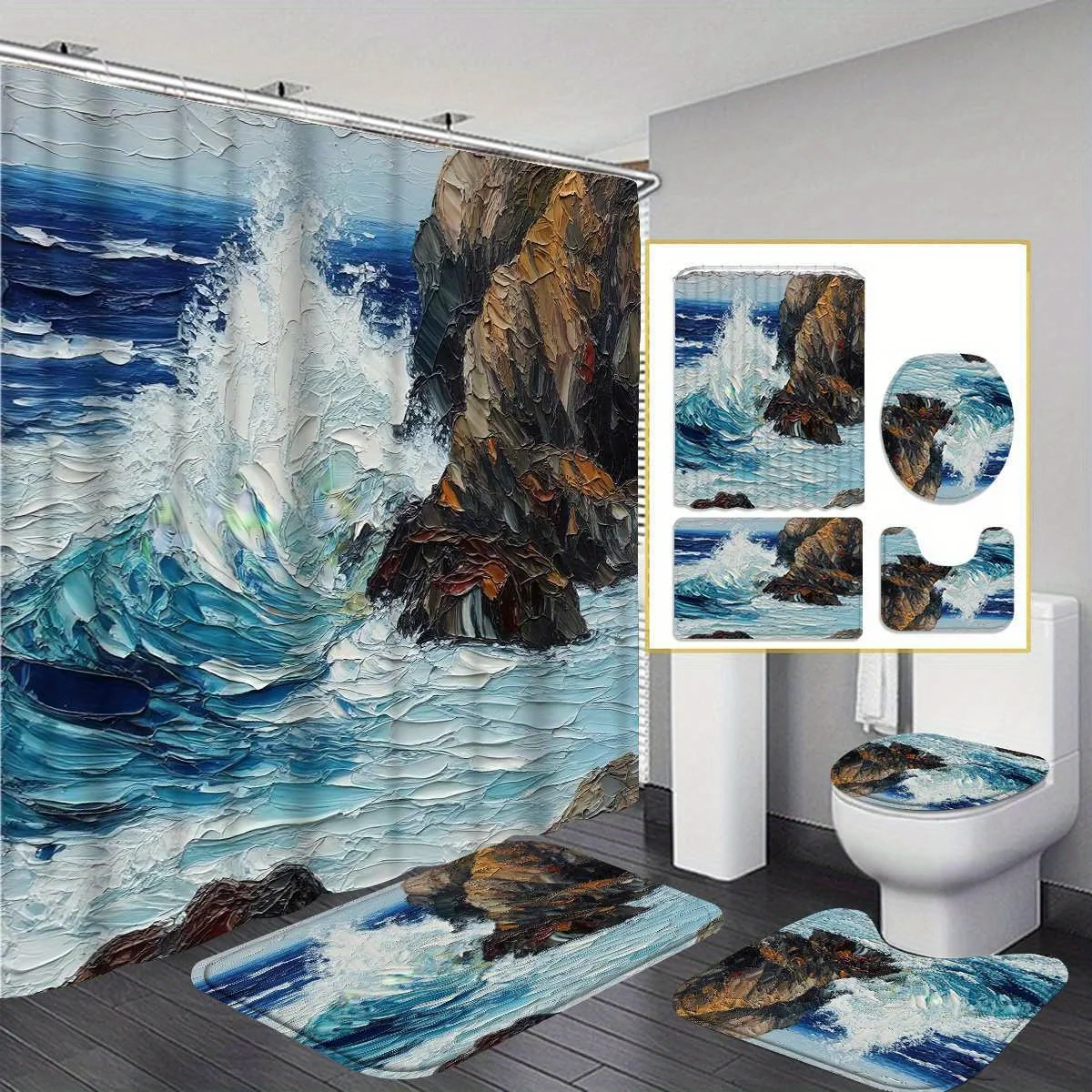 

1pc Lighthouse Sailboat 4pcs Bathroom Decorative Shower Curtain Set, Polyester Machine Washable Bathroom Rug with 12 Hooks, Cart