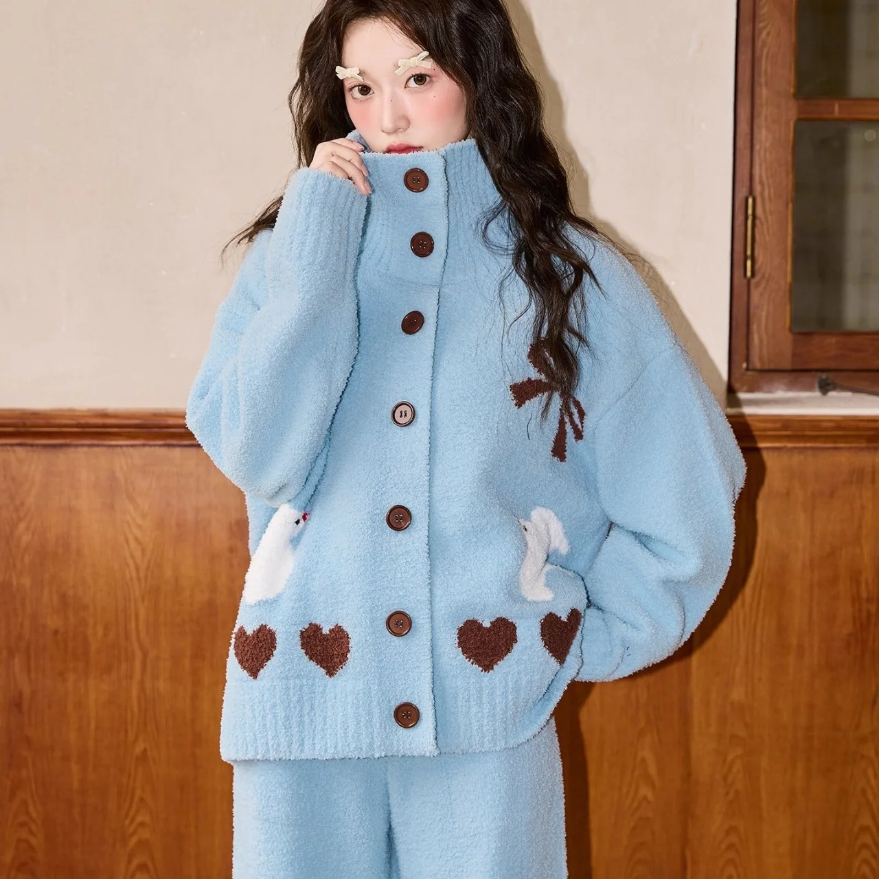 

Women's Cute Pigeon & Heart Pattern Fuzzy Loungewear Set - Oversize Button Cardigan & Wide Leg Pants, Vintage Winter Sleepwear