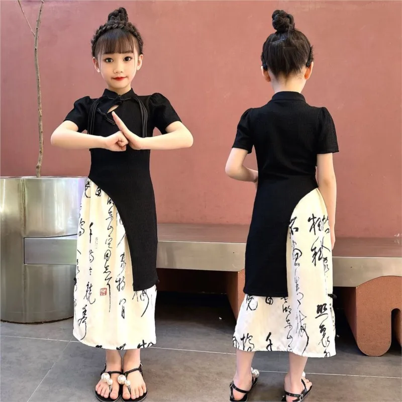 Summer Mother and Daughter Parent Child Dress Girls' Chinese Style Cheongsam Skirt Creative Short Sleeve Black Qipao Dress LF984