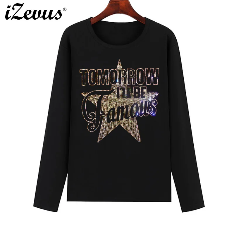 High quality women's fall and winter long-sleeved bottoming casual T-shirt shining stars drill figure comfortable T-shirt