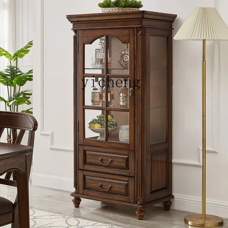 

TQH all solid wood wine cabinet against the wall small single door glass low cabinet simple living room TV side cabinet