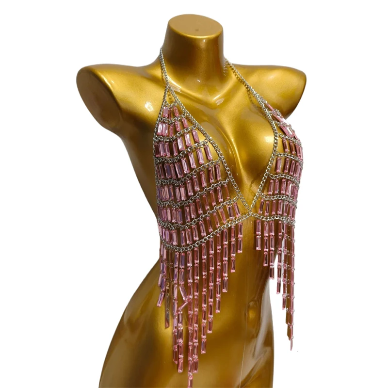 Damen Baguette-Strass-Quasten-Körperkette BH Sexy Kristall-Fransen-Neckholder Y2K Crop Top Nachtclub Party Festival Bikini Schmuck – Detail 5