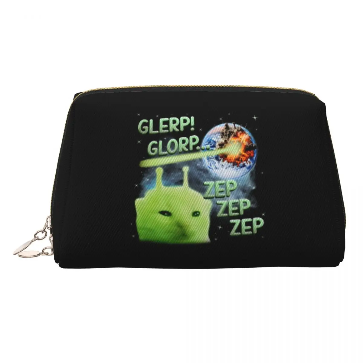 Glerp Glorp Alien Cat Weird Brainrot Meme Space Humor Women Cosmetic Bag Travel Makeup Organizer Pouch Toiletry Storage