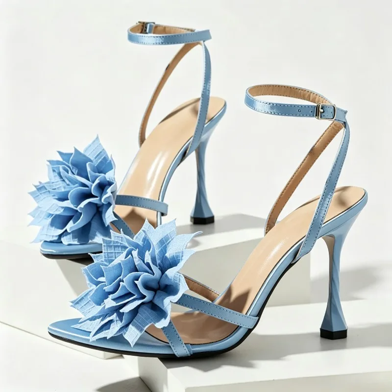 Elegant Satin Flower Detail High-heeled Sandals Women Fashion Pointed Toe Ankle-Strap Buckle Brand Pumps Wedding Slingback Heels