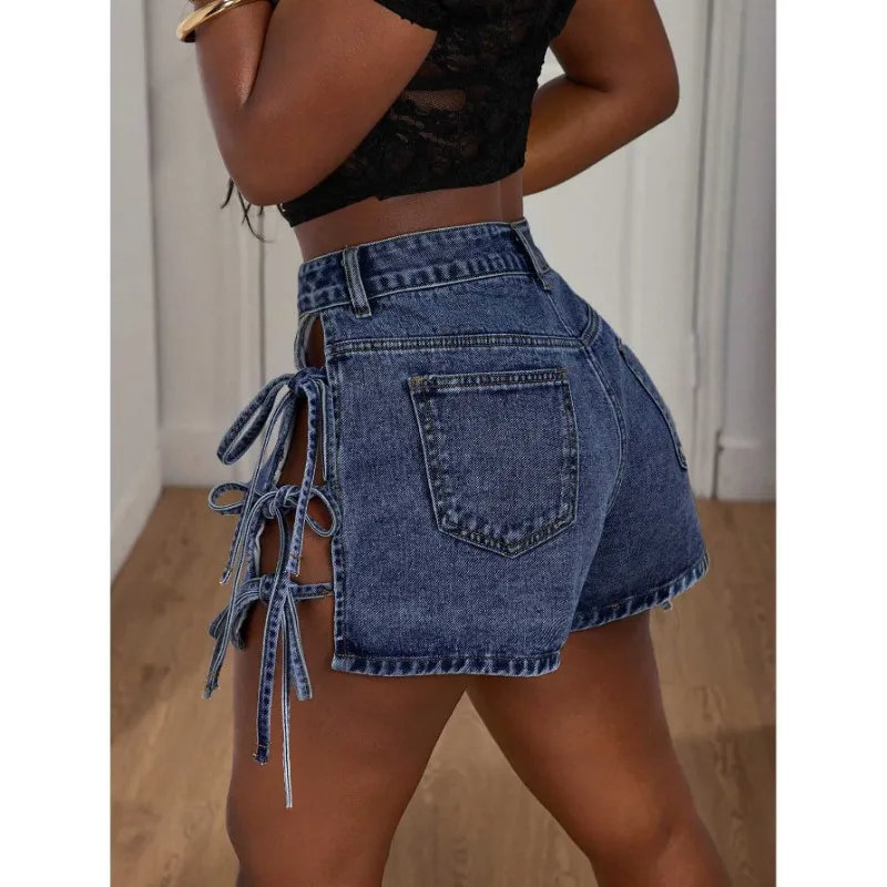 

Women's High Waist Blue Denim Shorts Casual Bow Decor Mini Jeans Non-Stretch Spring Summer Elegant Fashion