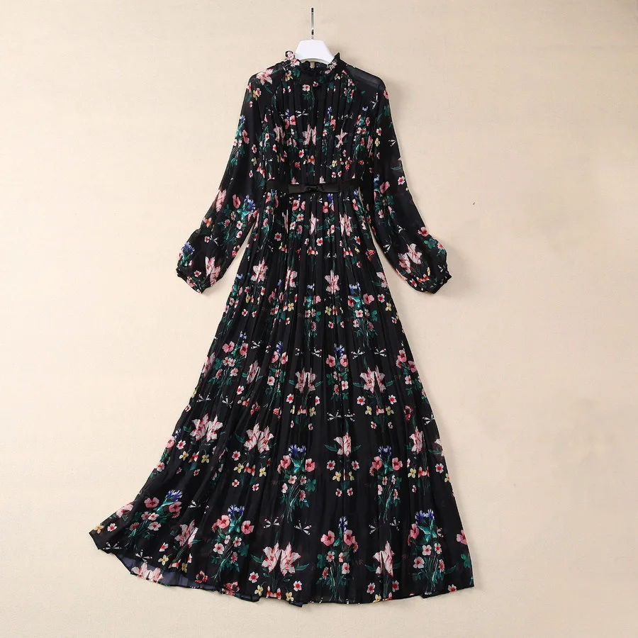 European and American women's clothing 2024 fall new Long-sleeved stand collar in black floral print fashion Pleated dress XXL