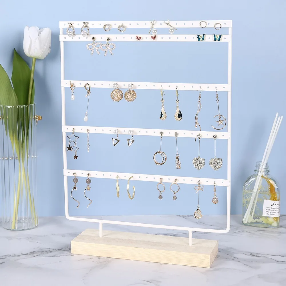Metal Earring Display Holder 110 Holes 5-Tiers Jewelry Storage Rack Tree Design Wooden Base Ear Stud Rack Home Organization